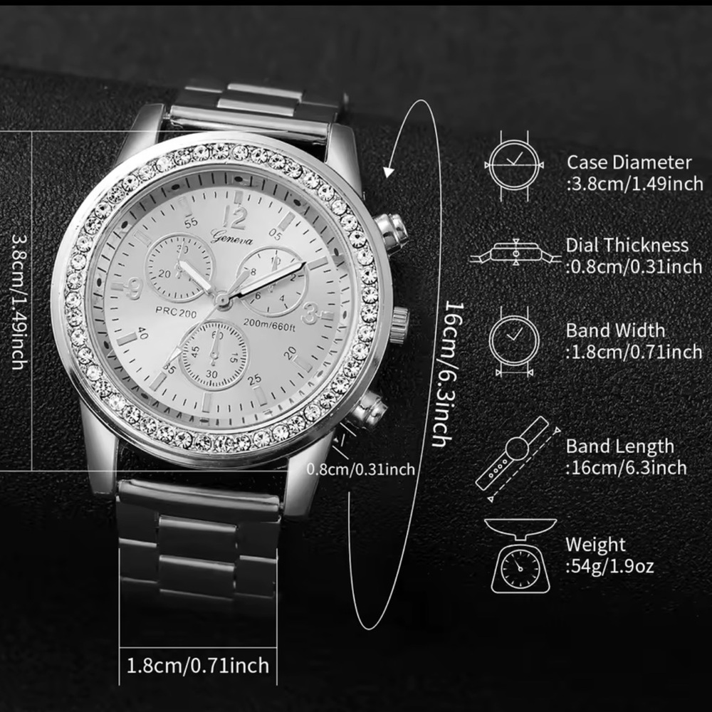 Rhinestone Women’s Watch Set Silver Stainless Steel Quartz Bracelet Set - Picture 4 of 5